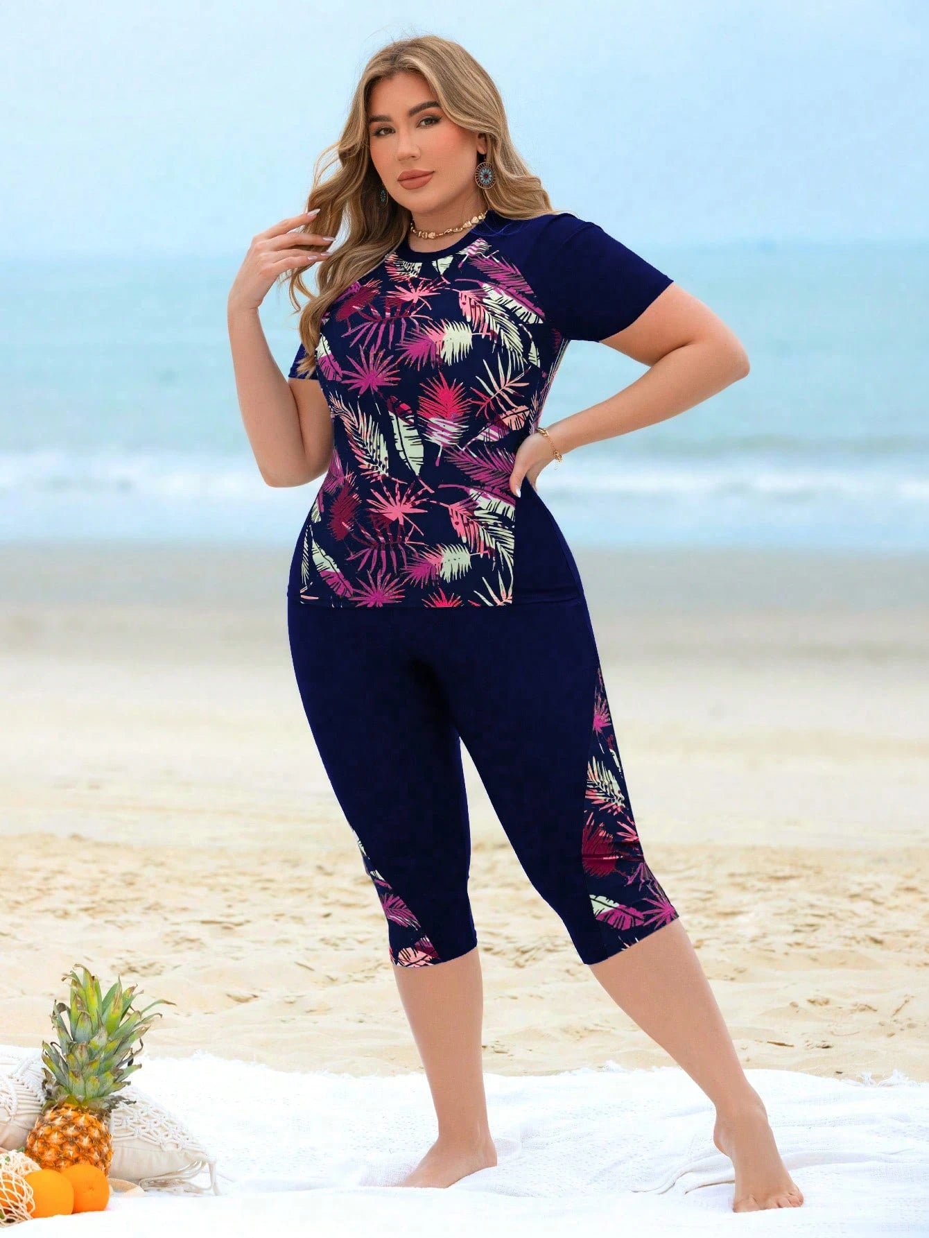 Swim Lushoire Women Plus Size 2 Pieces Plant Leaf Print Patchwork Tank Top & Long Swim Shorts Bikini Set,Navy Blue,Summer,Beach,Vacation,Holiday Casual Swimwear