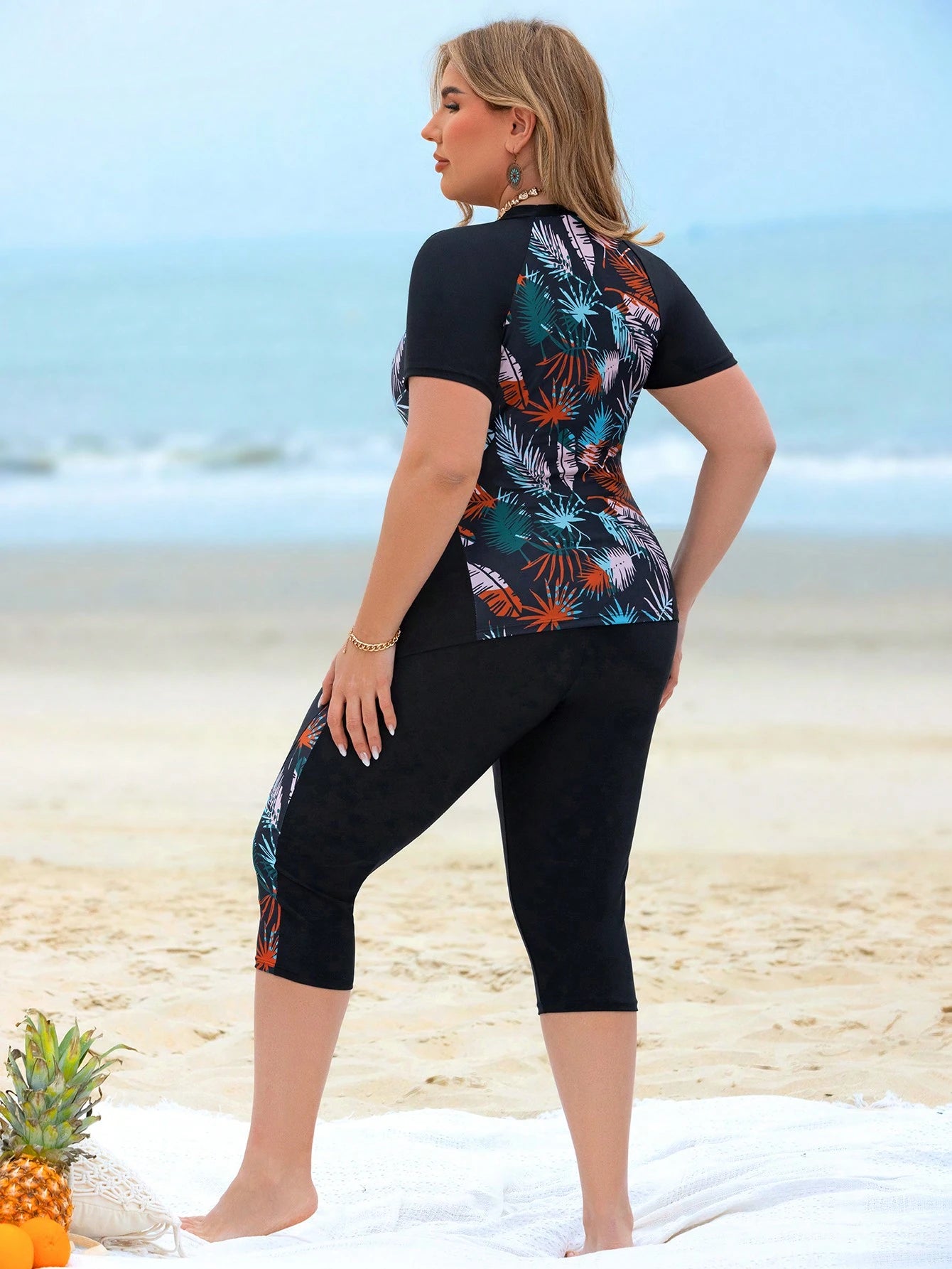 Swim Lushoire Women Plus Size 2 Pieces Plant Leaf Print Patchwork Tank Top & Long Swim Shorts Bikini Set,Navy Blue,Summer,Beach,Vacation,Holiday Casual Swimwear