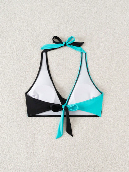 Swim Lushoire Women's Contrast Color Halter Bikini Top For Summer Beach Vacation