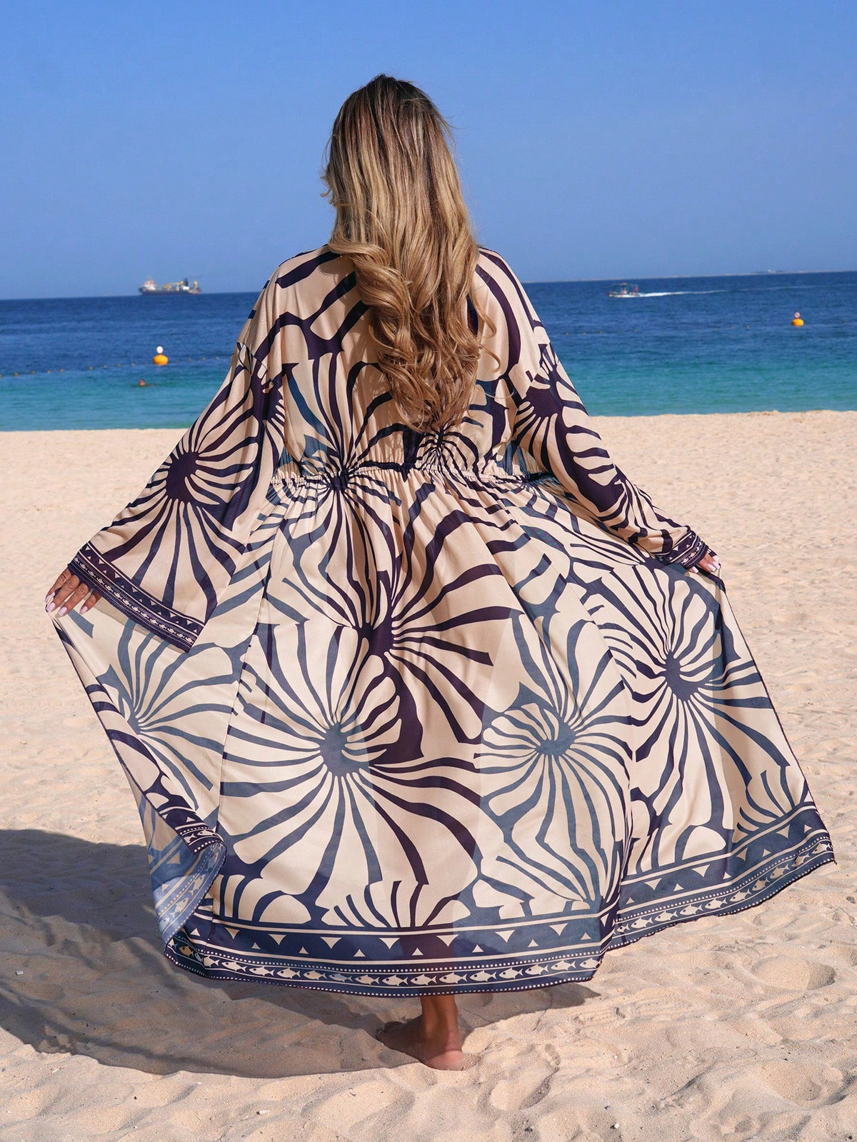 Swim Lushoire Women's Spring/Summer Beach Cover-Up, Sheer Floral Print Long Sleeve Tie Front Maxi Kimono Cover Up Dress, Swimsuit Coverup