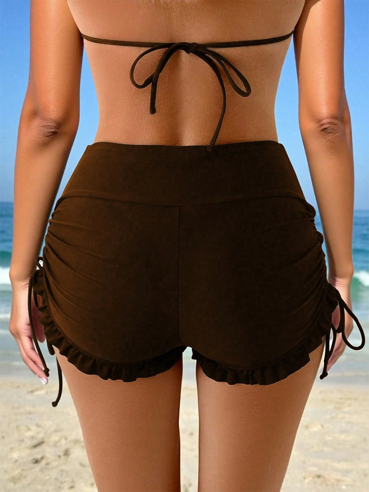 Swim Lushoire Women's Summer Beach Casual Vacation Side Drawstring Ruffle Hem Brown Swimwear Bottom