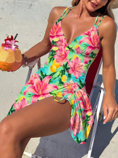 Swim Lushoire Women's Summer Beach Floral Print Drawstring Criss-Cross V-Neck Ruffle Skort Swimsuit Cover Up