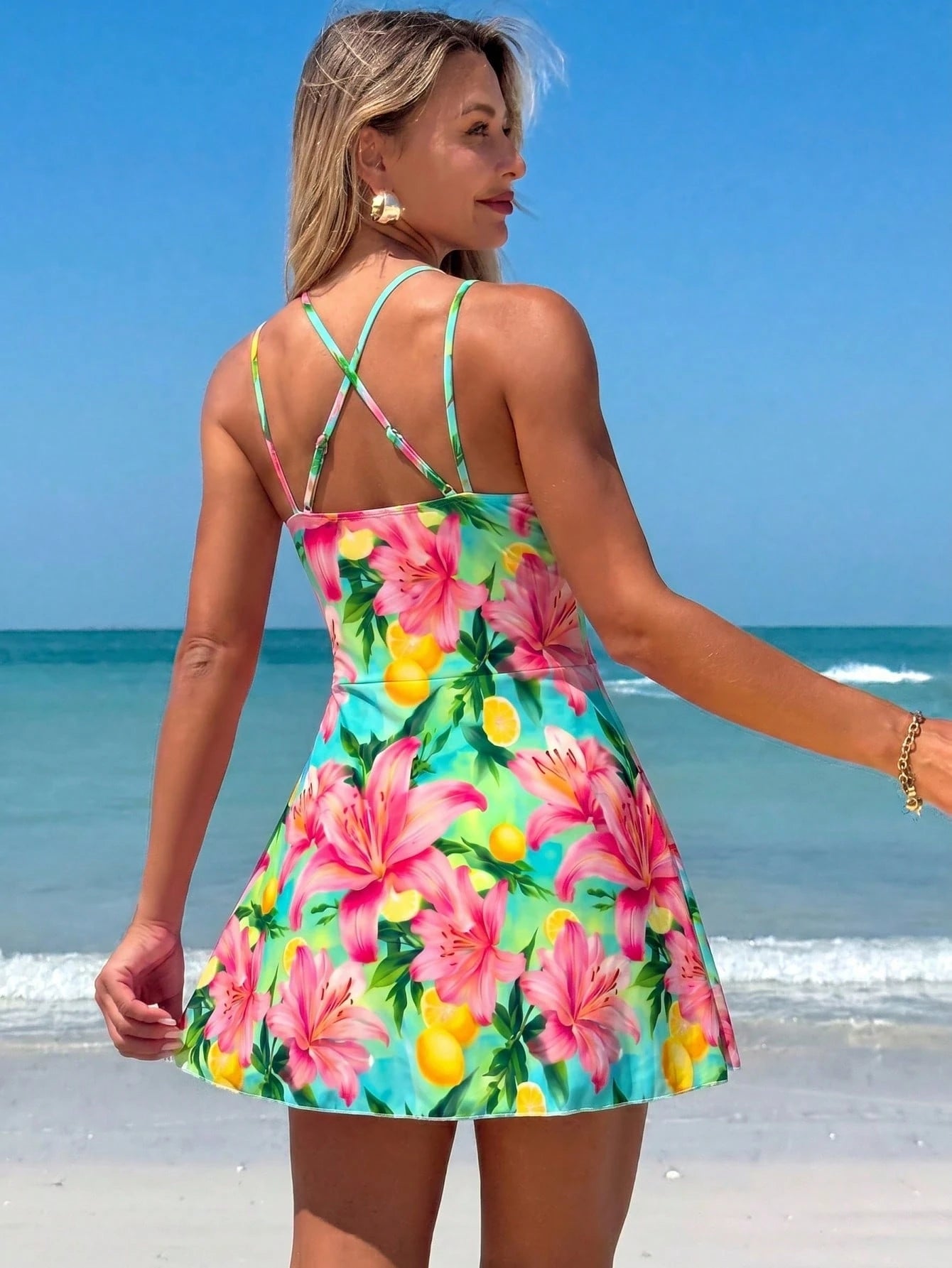 Swim Lushoire Women's Summer Beach Floral Print Drawstring Criss-Cross V-Neck Ruffle Skort Swimsuit Cover Up