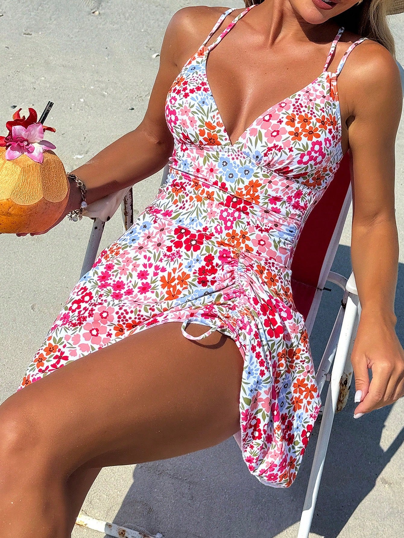 Swim Lushoire Women's Summer Beach Floral Print Drawstring Criss-Cross V-Neck Ruffle Skort Swimsuit Cover Up