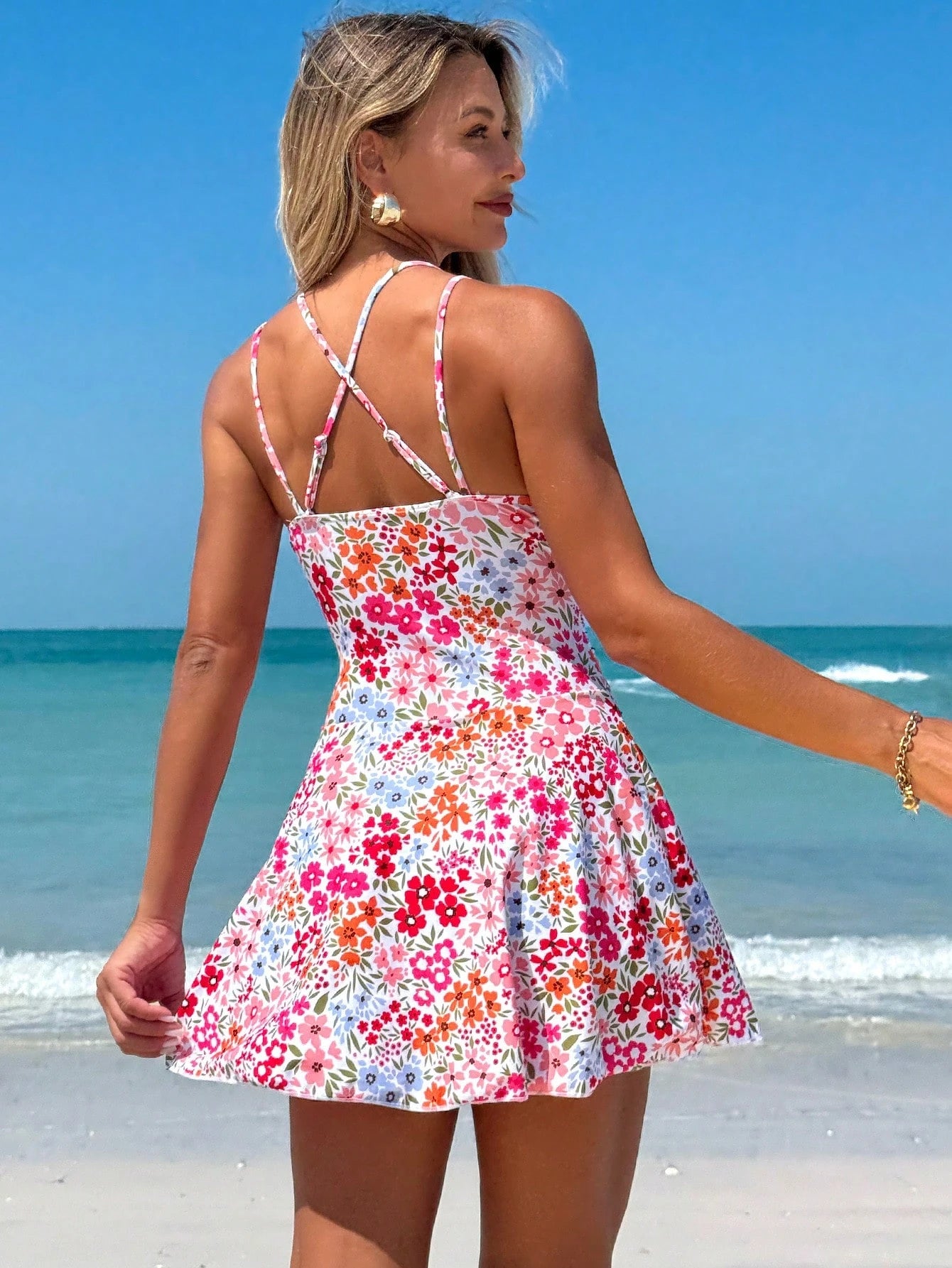 Swim Lushoire Women's Summer Beach Floral Print Drawstring Criss-Cross V-Neck Ruffle Skort Swimsuit Cover Up