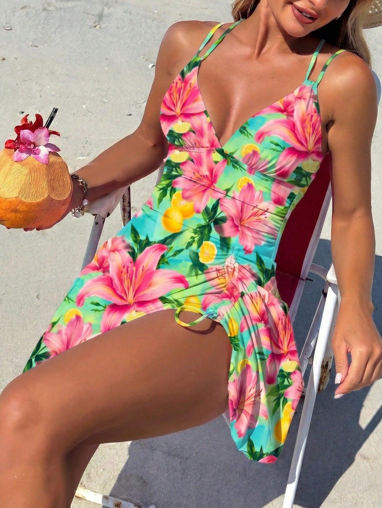 Swim Lushoire Women's Summer Beach Floral Print Drawstring Criss-Cross V-Neck Ruffle Skort Swimsuit Cover Up