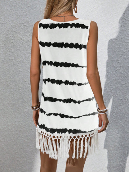 Swim Lushoire Women's Summer Black And White Striped Boho Tassel Hem Sleeveless Coverup Dress,Elegant Holiday Beachwear,Casual Pool Party Music Festival Outfits