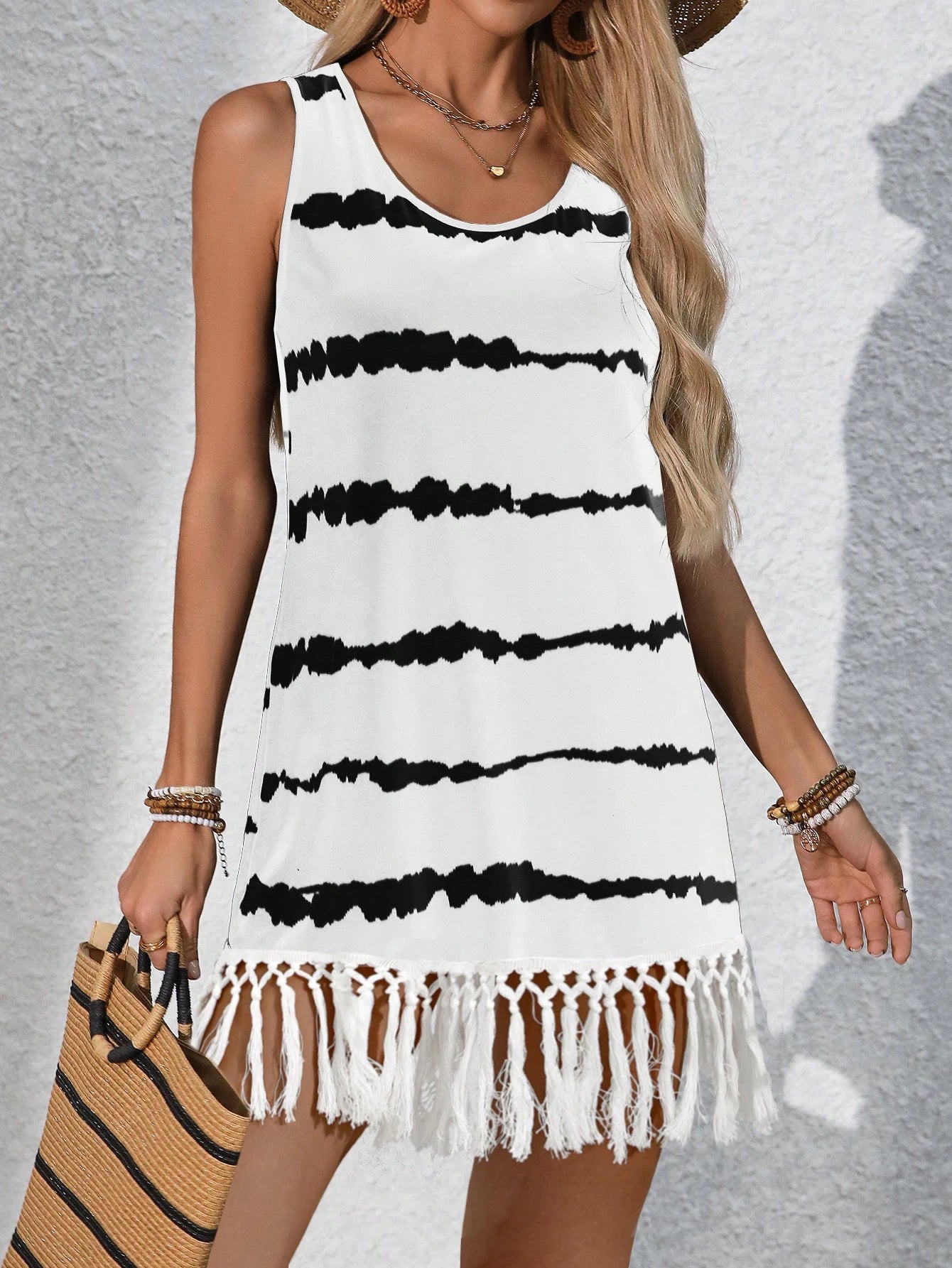 Swim Lushoire Women's Summer Black And White Striped Boho Tassel Hem Sleeveless Coverup Dress,Elegant Holiday Beachwear,Casual Pool Party Music Festival Outfits