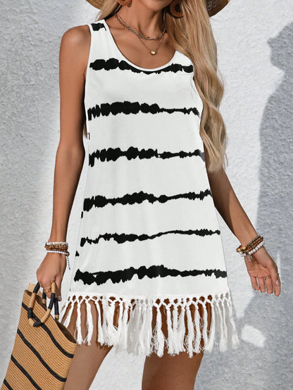 Swim Lushoire Women's Summer Black And White Striped Boho Tassel Hem Sleeveless Coverup Dress,Elegant Holiday Beachwear,Casual Pool Party Music Festival Outfits