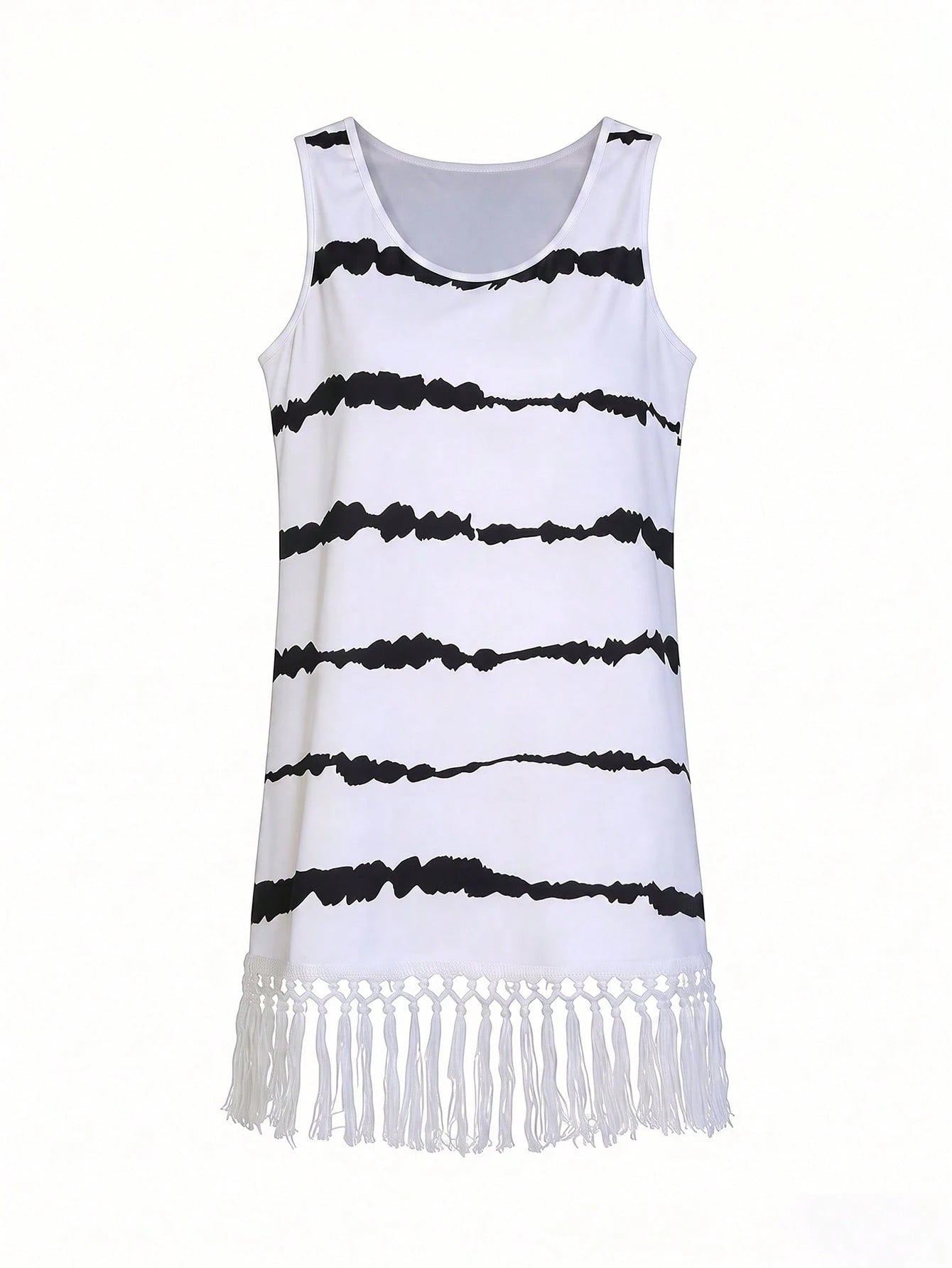 Swim Lushoire Women's Summer Black And White Striped Boho Tassel Hem Sleeveless Coverup Dress,Elegant Holiday Beachwear,Casual Pool Party Music Festival Outfits
