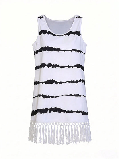 Swim Lushoire Women's Summer Black And White Striped Boho Tassel Hem Sleeveless Coverup Dress,Elegant Holiday Beachwear,Casual Pool Party Music Festival Outfits