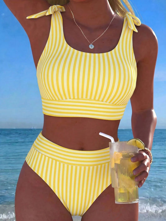Swim Lushoire Women's Swimwear Bikini,Navy Striped High Waist Bikini Set For Boho Vacation,Going Out Beach Outfits Fashionable Outfit The Fourth Of July Outfit Back To School Summer Beachwear