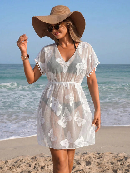 Swim Lushoire Women's V-Neck Butterfly Pattern Semi-Sheer Beach Holiday Vacation Cover-Up With Tassel Cuffs White Summer Sexy