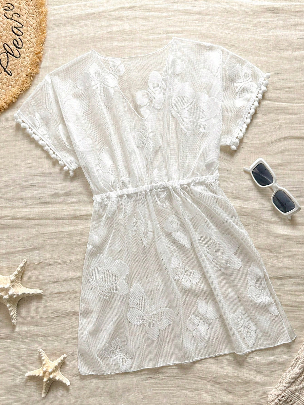 Swim Lushoire Women's V-Neck Butterfly Pattern Semi-Sheer Beach Holiday Vacation Cover-Up With Tassel Cuffs White Summer Sexy
