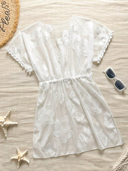 Swim Lushoire Women's V-Neck Butterfly Pattern Semi-Sheer Beach Holiday Vacation Cover-Up With Tassel Cuffs White Summer Sexy