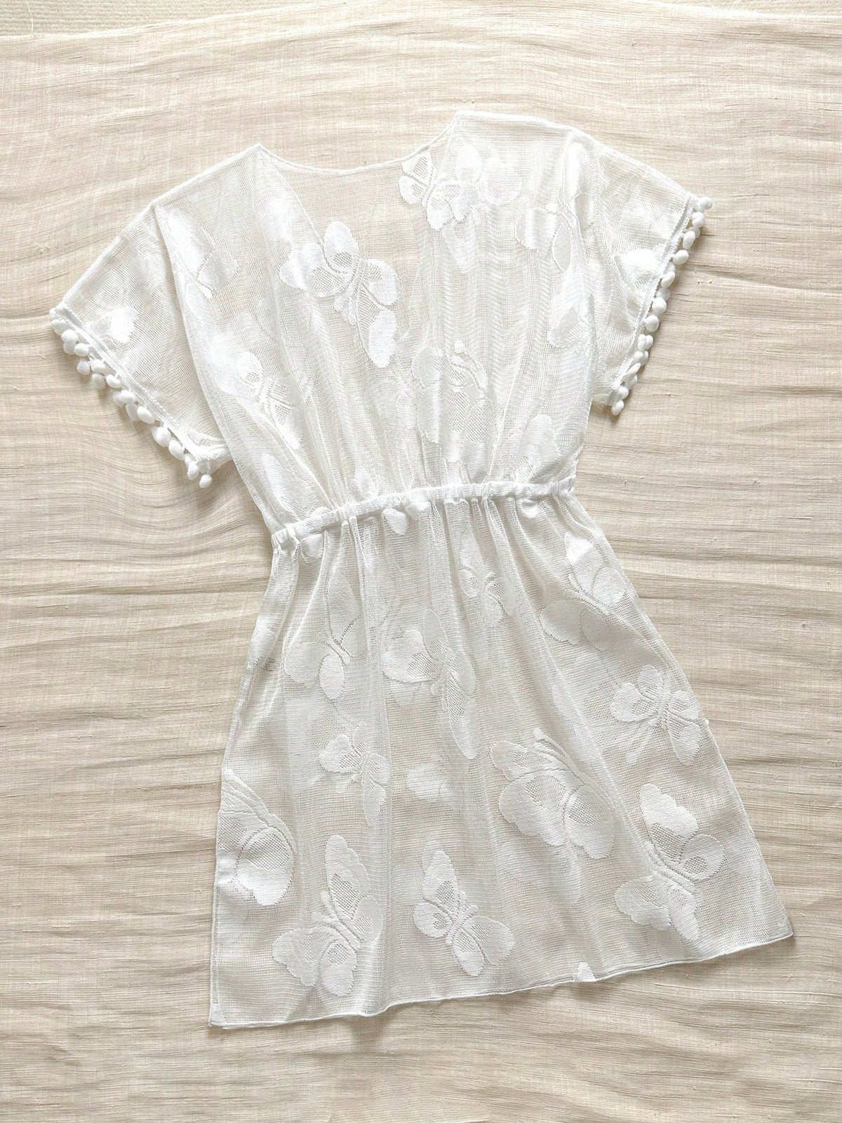 Swim Lushoire Women's V-Neck Butterfly Pattern Semi-Sheer Beach Holiday Vacation Cover-Up With Tassel Cuffs White Summer Sexy
