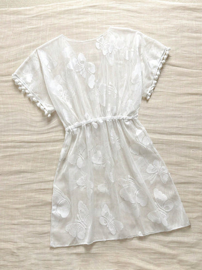 Swim Lushoire Women's V-Neck Butterfly Pattern Semi-Sheer Beach Holiday Vacation Cover-Up With Tassel Cuffs White Summer Sexy