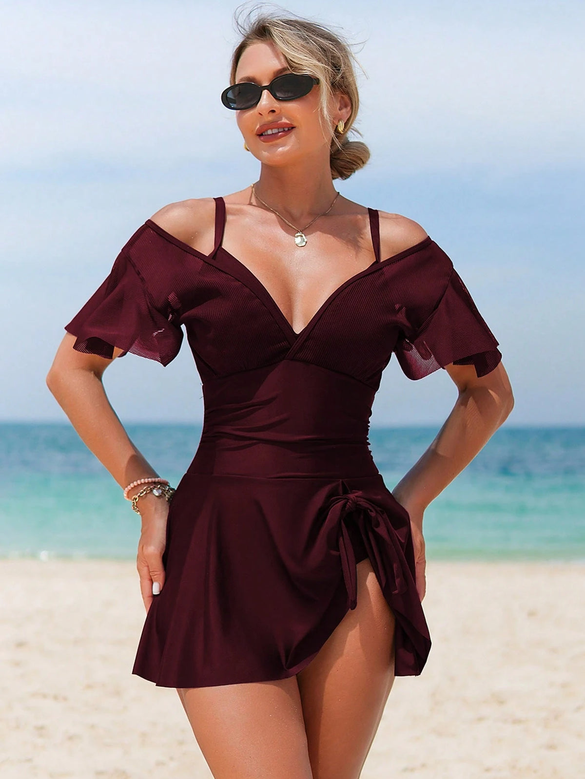Swim Lushoire Women's V-Neck Ruffle Sleeve Mesh Patchwork Swimsuit Dress,Burgundy One Piece Bathing Suit,Summer Tropical Beach Holiday Vacation Holiday