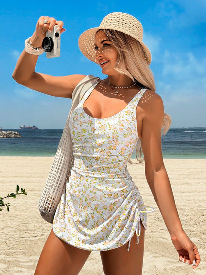 Swim Lushoire Women's White Floral Summer Swimsuit Dress,Tropical Holiday Pool Party Vacation Sundress,Geometric Print Bandage Beach Resort Wear