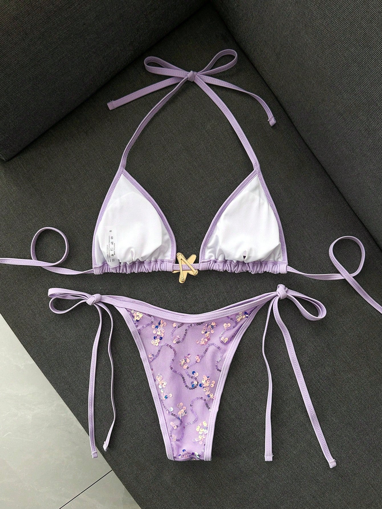 Swim Mod 2-Piece Bikini Set, Spring/Summer Beach Vacation, Sequin Textured Fabric, Starfish Decor, Halter Triangle Cup Bra And Side Tie Bikini Bottom, Sexy Bikini Set