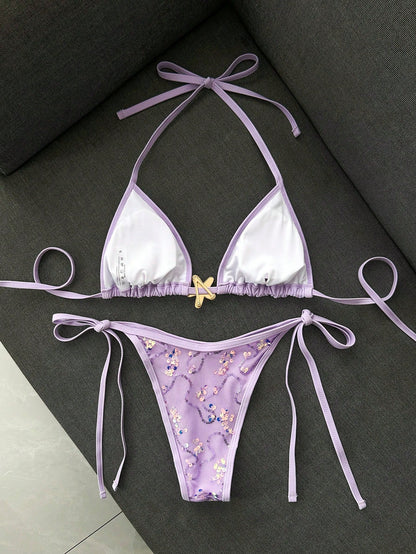 Swim Mod 2-Piece Bikini Set, Spring/Summer Beach Vacation, Sequin Textured Fabric, Starfish Decor, Halter Triangle Cup Bra And Side Tie Bikini Bottom, Sexy Bikini Set