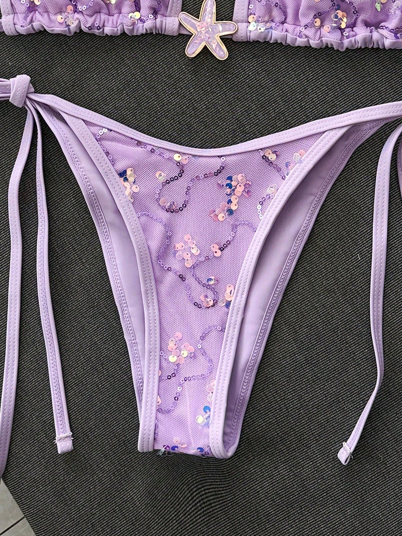Swim Mod 2-Piece Bikini Set, Spring/Summer Beach Vacation, Sequin Textured Fabric, Starfish Decor, Halter Triangle Cup Bra And Side Tie Bikini Bottom, Sexy Bikini Set