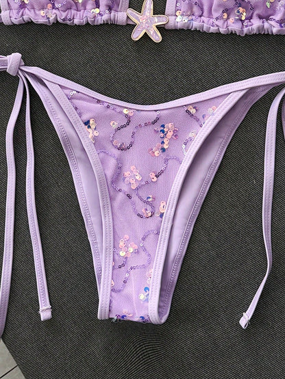 Swim Mod 2-Piece Bikini Set, Spring/Summer Beach Vacation, Sequin Textured Fabric, Starfish Decor, Halter Triangle Cup Bra And Side Tie Bikini Bottom, Sexy Bikini Set