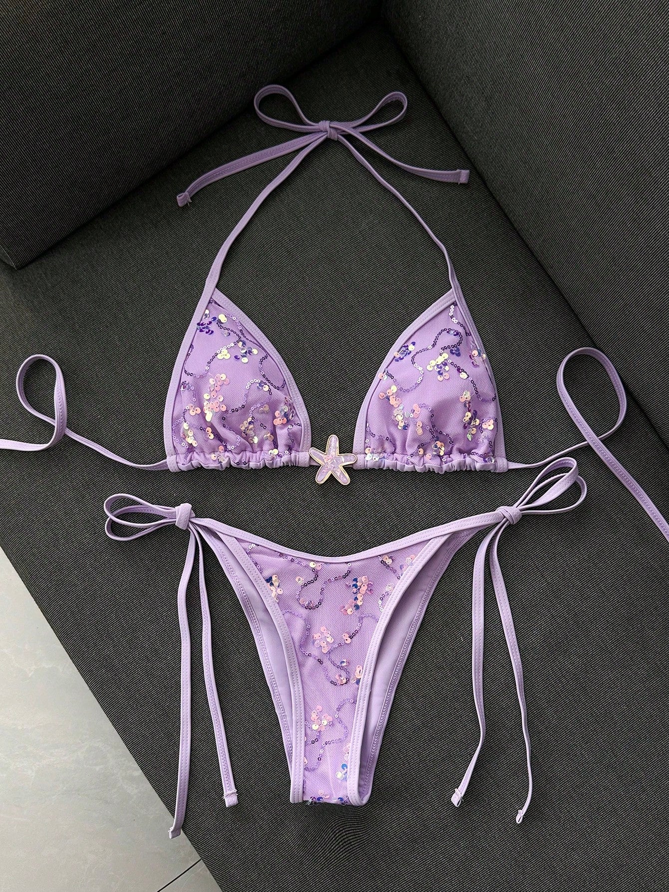 Swim Mod 2-Piece Bikini Set, Spring/Summer Beach Vacation, Sequin Textured Fabric, Starfish Decor, Halter Triangle Cup Bra And Side Tie Bikini Bottom, Sexy Bikini Set