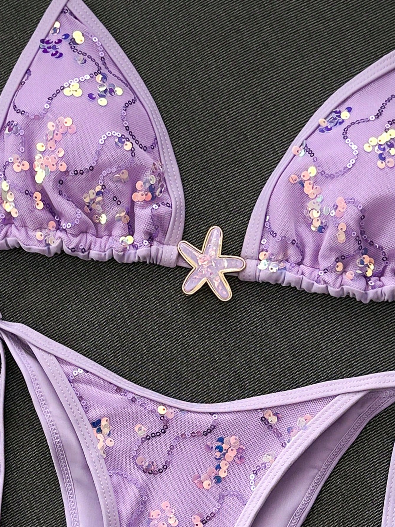 Swim Mod 2-Piece Bikini Set, Spring/Summer Beach Vacation, Sequin Textured Fabric, Starfish Decor, Halter Triangle Cup Bra And Side Tie Bikini Bottom, Sexy Bikini Set
