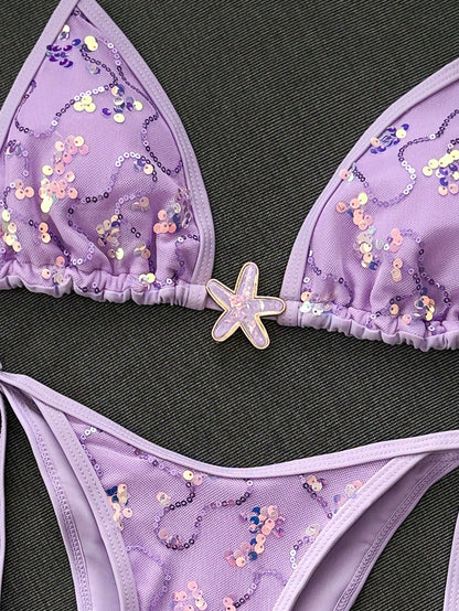 Swim Mod 2-Piece Bikini Set, Spring/Summer Beach Vacation, Sequin Textured Fabric, Starfish Decor, Halter Triangle Cup Bra And Side Tie Bikini Bottom, Sexy Bikini Set