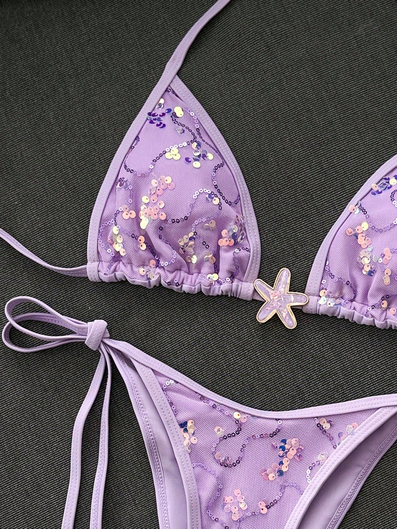 Swim Mod 2-Piece Bikini Set, Spring/Summer Beach Vacation, Sequin Textured Fabric, Starfish Decor, Halter Triangle Cup Bra And Side Tie Bikini Bottom, Sexy Bikini Set