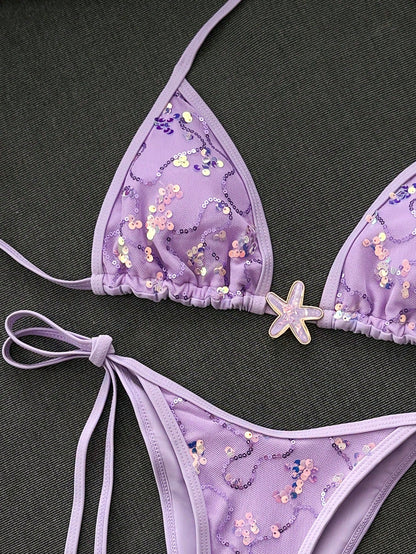Swim Mod 2-Piece Bikini Set, Spring/Summer Beach Vacation, Sequin Textured Fabric, Starfish Decor, Halter Triangle Cup Bra And Side Tie Bikini Bottom, Sexy Bikini Set