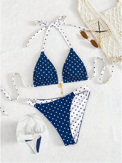 Swim Mod 2026 New Spring/Summer Plus Size 2-Piece Set Polka Dot Random Print Reversible Sweet Cute Summer New Vacation Camisole Women's Bikini Set Set Suitable For Summer Beach And Vacation