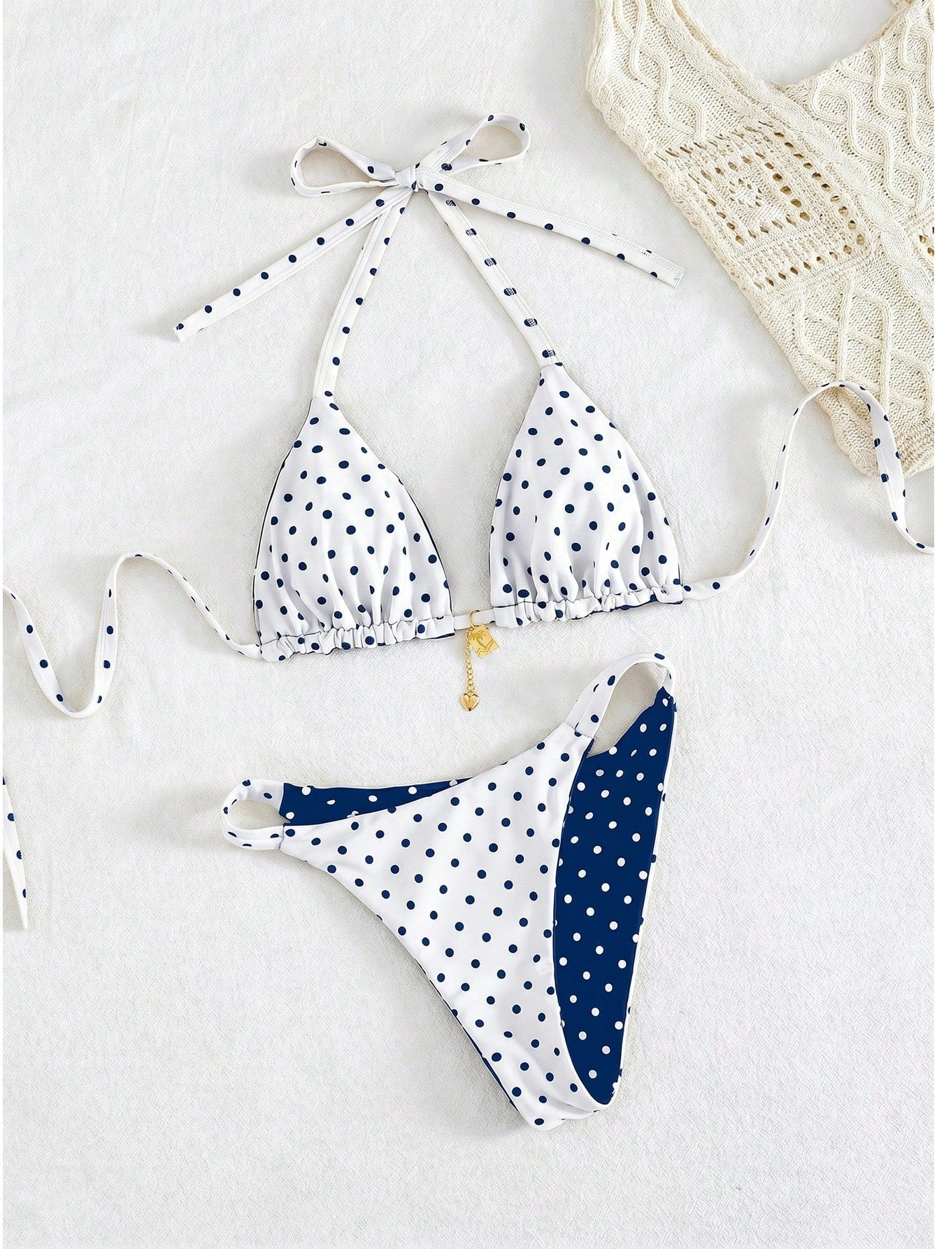 Swim Mod 2026 New Spring/Summer Plus Size 2-Piece Set Polka Dot Random Print Reversible Sweet Cute Summer New Vacation Camisole Women's Bikini Set Set Suitable For Summer Beach And Vacation