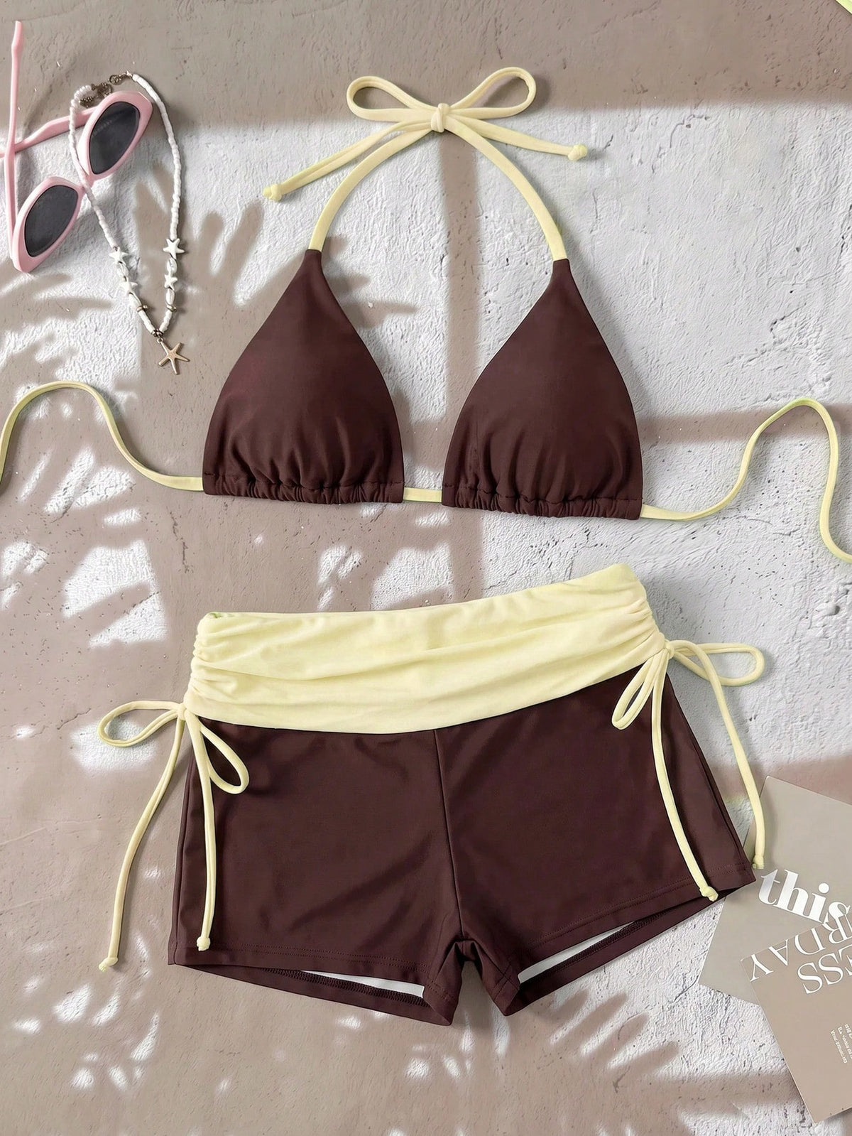 Swim Mod 26SS Spring/Summer Vacation Beach Cute Yellow Pink Brown Polka Dot Triangle Top & Bikini Bottom Contrast Color Pink Swimsuit 2 Pieces Set