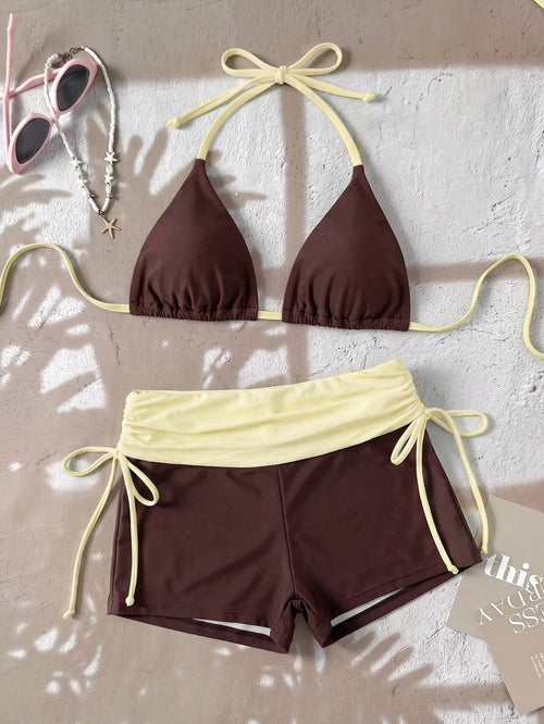 Swim Mod 26SS Spring/Summer Vacation Beach Cute Yellow Pink Brown Polka Dot Triangle Top & Bikini Bottom Contrast Color Pink Swimsuit 2 Pieces Set