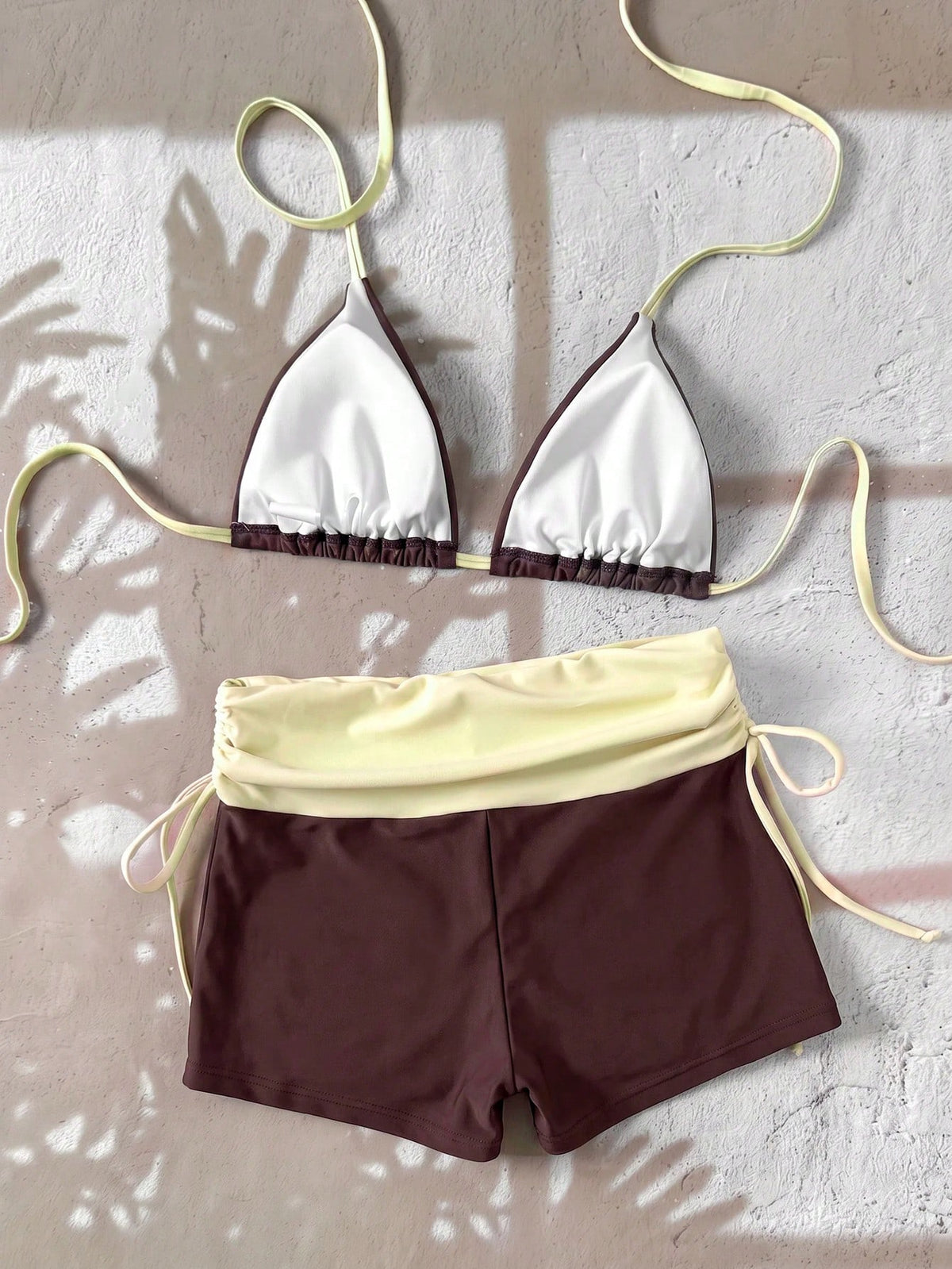 Swim Mod 26SS Spring/Summer Vacation Beach Cute Yellow Pink Brown Polka Dot Triangle Top & Bikini Bottom Contrast Color Pink Swimsuit 2 Pieces Set