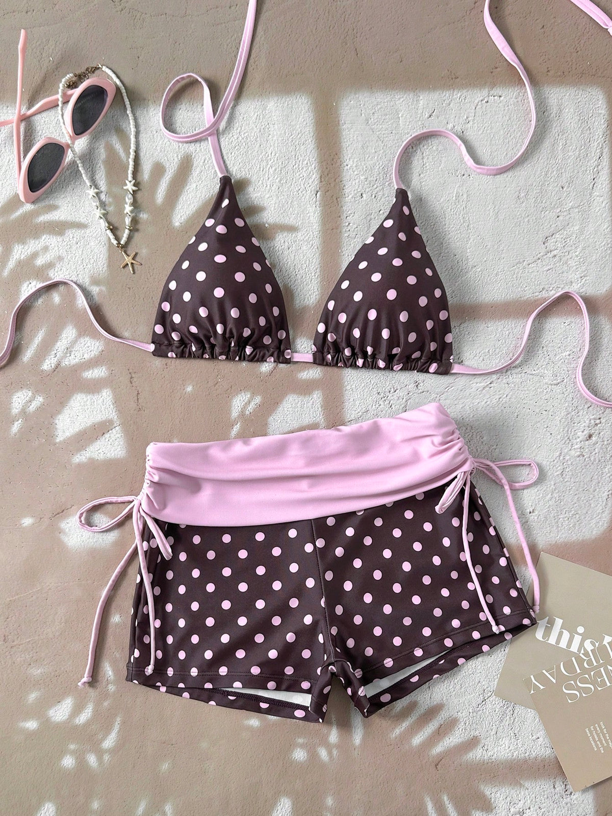 Swim Mod 26SS Spring/Summer Vacation Beach Cute Yellow Pink Brown Polka Dot Triangle Top & Bikini Bottom Contrast Color Pink Swimsuit 2 Pieces Set