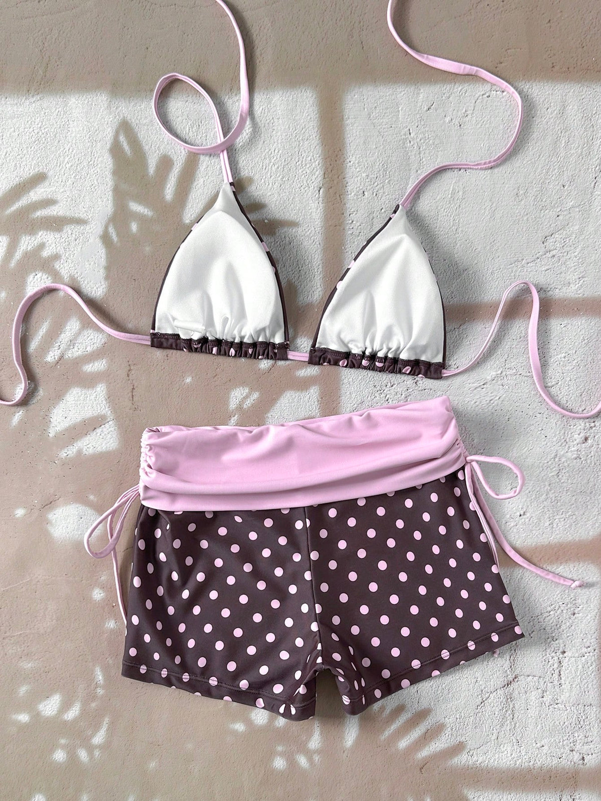 Swim Mod 26SS Spring/Summer Vacation Beach Cute Yellow Pink Brown Polka Dot Triangle Top & Bikini Bottom Contrast Color Pink Swimsuit 2 Pieces Set