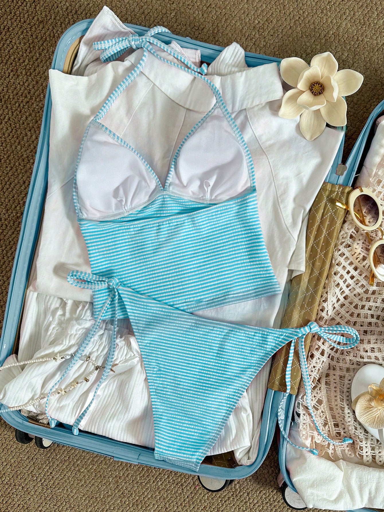 Swim Mod Elegant Vacation Sweet Women's Spaghetti Strap Bikini Set With Pearl & Seashell Decor, Soft Fabric, Wireless