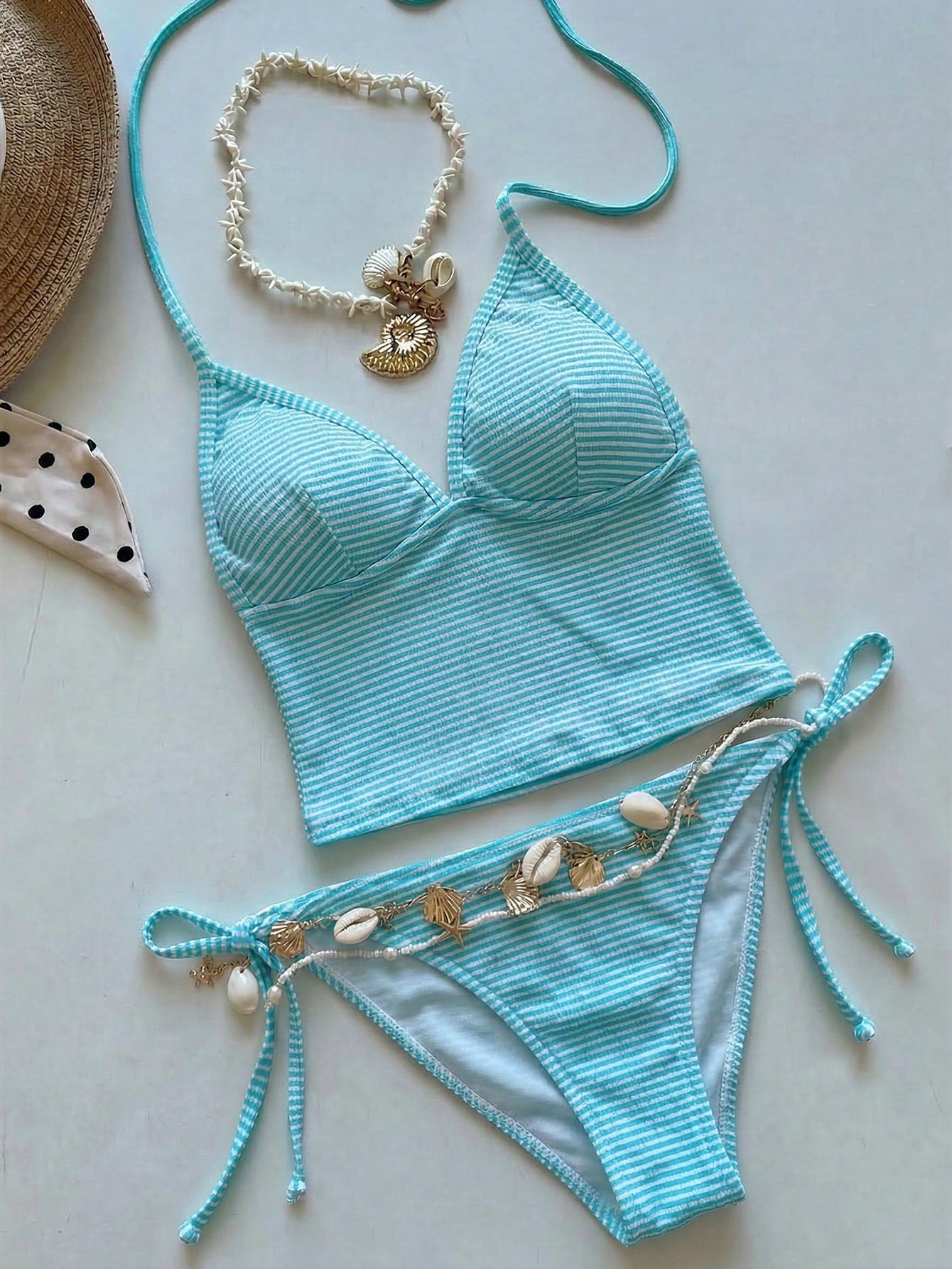 Swim Mod Elegant Vacation Sweet Women's Spaghetti Strap Bikini Set With Pearl & Seashell Decor, Soft Fabric, Wireless