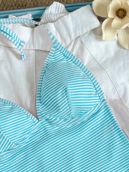 Swim Mod Elegant Vacation Sweet Women's Spaghetti Strap Bikini Set With Pearl & Seashell Decor, Soft Fabric, Wireless