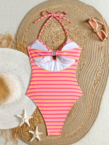 Swim Mod New Pink Orange Striped Halter Neck Tie Knot Cutout One-Piece Swimwear, Slimming High Cut Cheeky Monokini