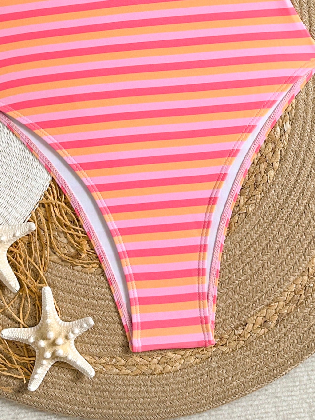 Swim Mod New Pink Orange Striped Halter Neck Tie Knot Cutout One-Piece Swimwear, Slimming High Cut Cheeky Monokini