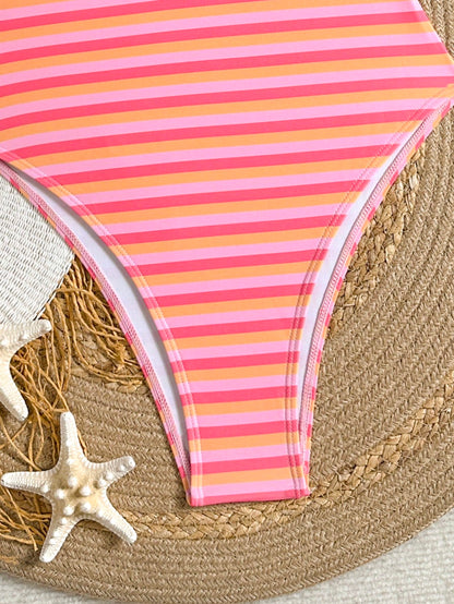 Swim Mod New Pink Orange Striped Halter Neck Tie Knot Cutout One-Piece Swimwear, Slimming High Cut Cheeky Monokini