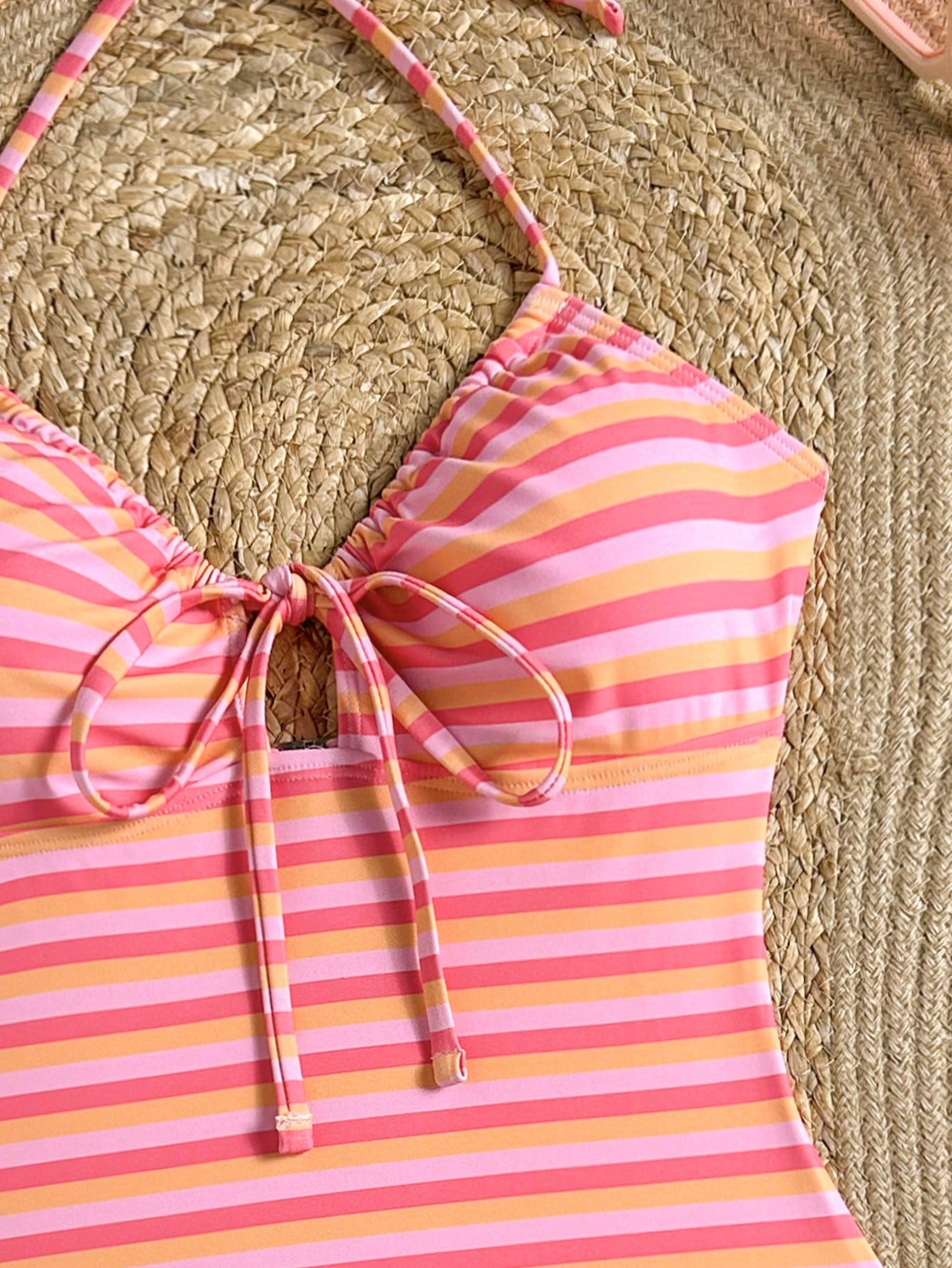 Swim Mod New Pink Orange Striped Halter Neck Tie Knot Cutout One-Piece Swimwear, Slimming High Cut Cheeky Monokini