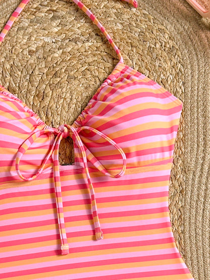 Swim Mod New Pink Orange Striped Halter Neck Tie Knot Cutout One-Piece Swimwear, Slimming High Cut Cheeky Monokini
