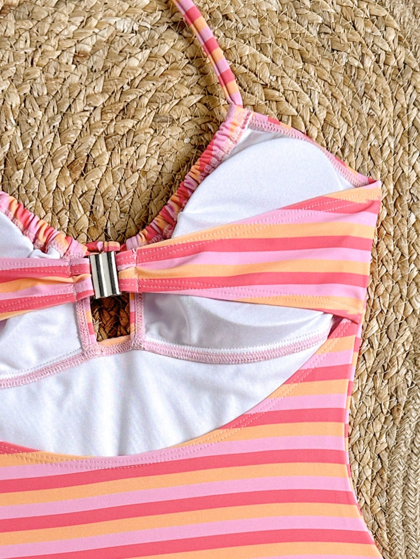 Swim Mod New Pink Orange Striped Halter Neck Tie Knot Cutout One-Piece Swimwear, Slimming High Cut Cheeky Monokini