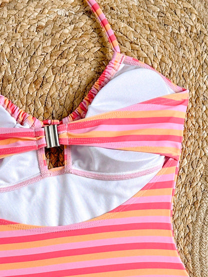Swim Mod New Pink Orange Striped Halter Neck Tie Knot Cutout One-Piece Swimwear, Slimming High Cut Cheeky Monokini