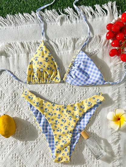 Swim Mod New Women's Summer 2 Pieces Random Floral & Plaid Print Triangle Halter Bikini Top And Bottom Set, Beach Vacation Swimwear